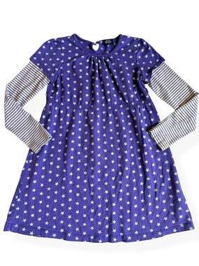 Mini Boden Girls 9-10 Purple Gray Stars Stripes Long Sleeve Dress Cotton